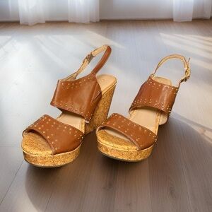 Cato Tan Wedge Sandals with Stud Accents